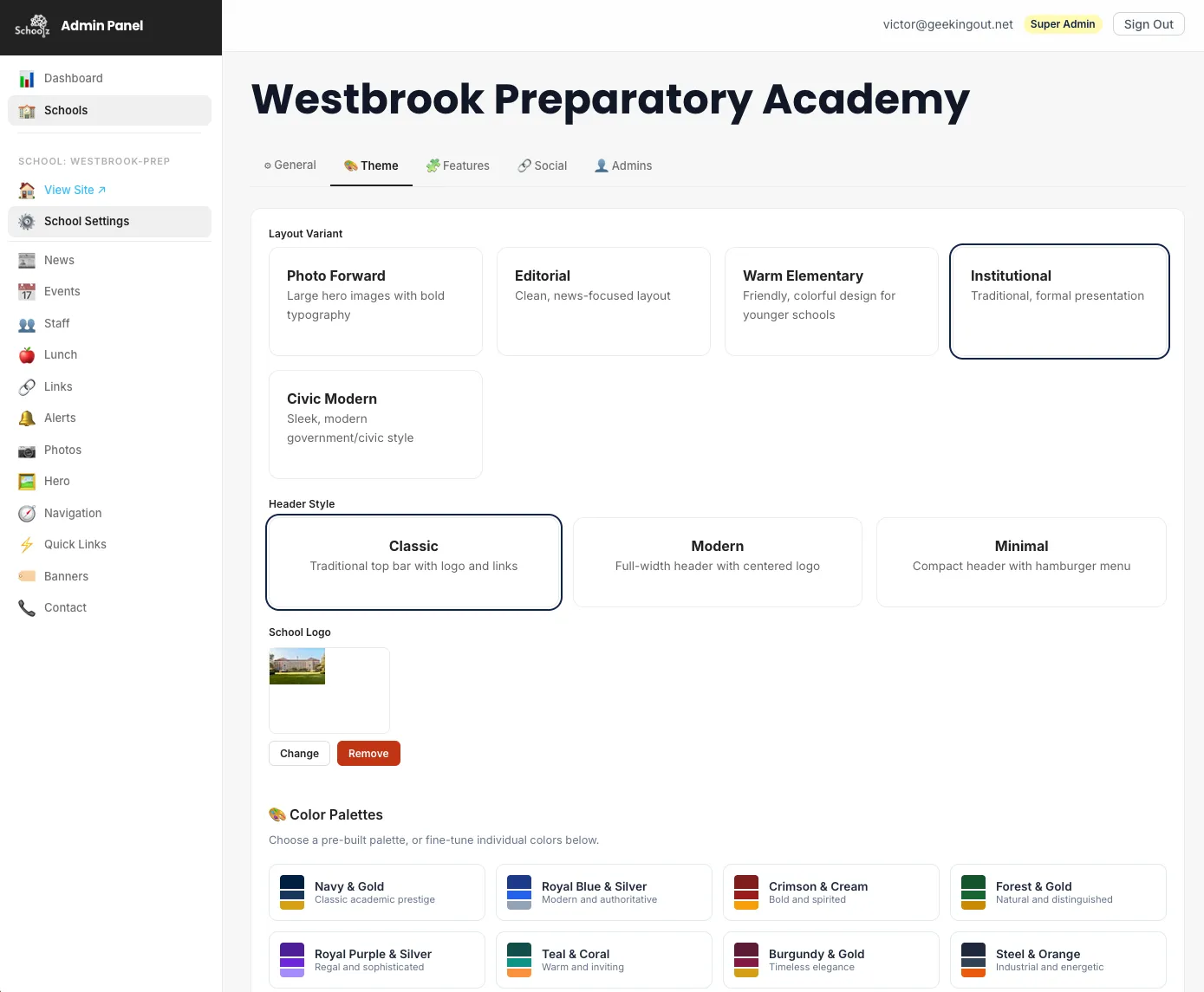The Schoolz CMS editor, showing the fields a school administrator fills in