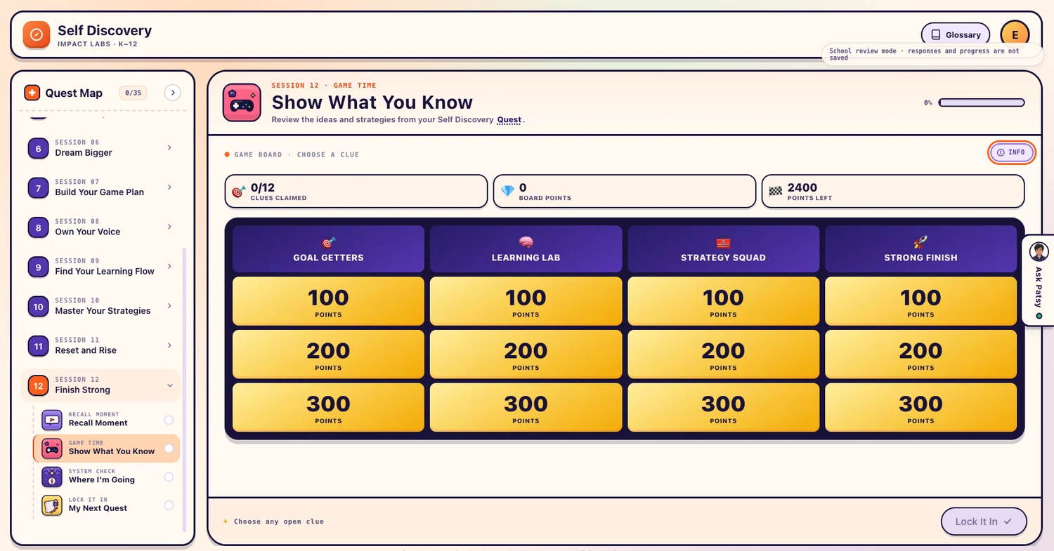 The Game Time review board with four categories and clues worth 100, 200 and 300 points, plus a tally of clues claimed and points remaining