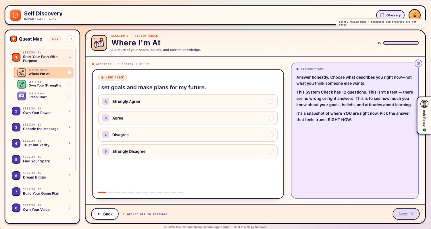 A Schoolz LMS session: the Quest Map sidebar lists sessions and activities, with a multiple-choice System Check activity and its instructions panel