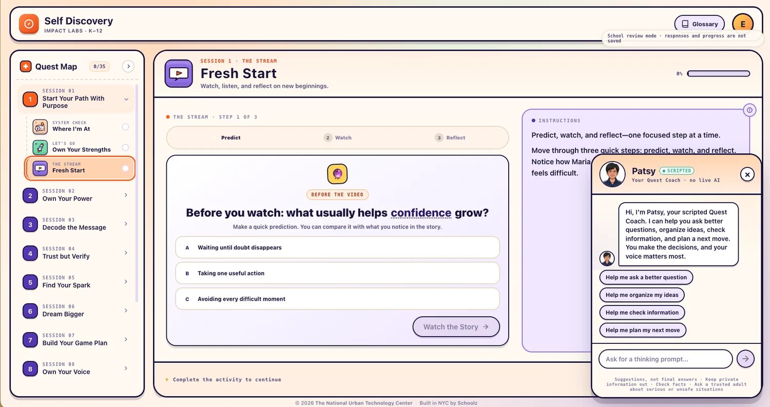 The Stream activity showing the predict, watch and reflect steps, with the Patsy coach panel open beside it