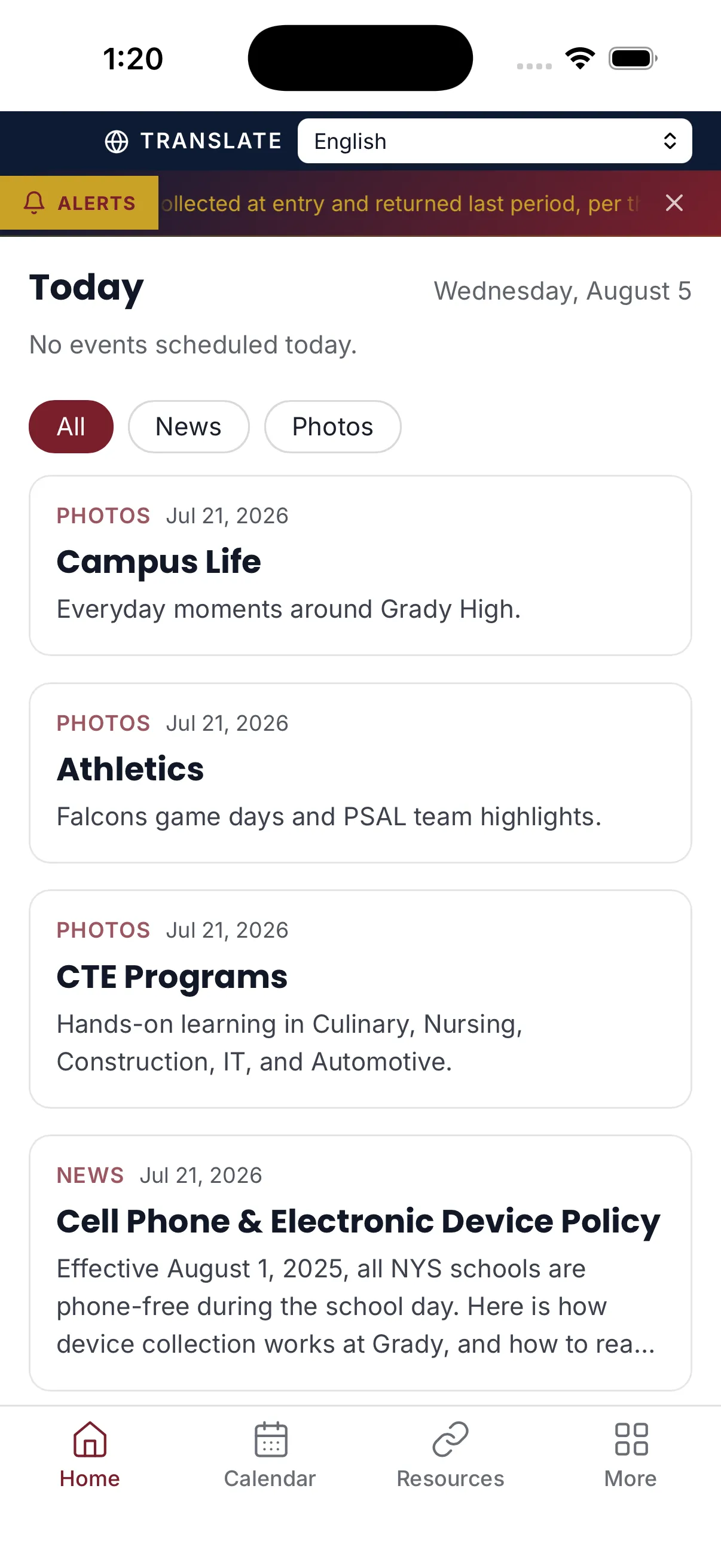 The Grady High School app on iPhone — translate bar, alert banner, today's events, and a feed of news and photo albums